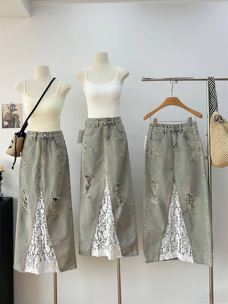 

Women's Light Blue Patchwork Lace Denim Skirt Vintage Aesthetic Y2k A-line Cowboy Skirt Harajuku Korean Jean Skirt 2000s Clothes