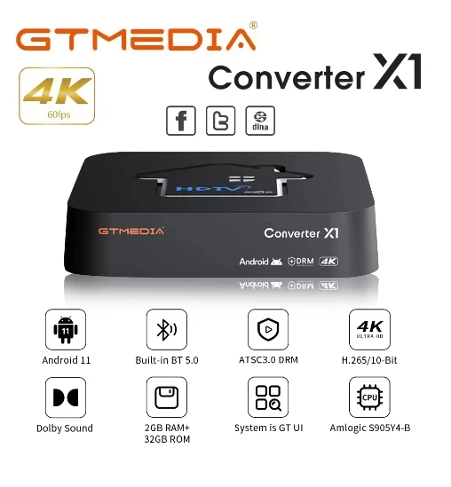 أصلي] محول GTMEDIA HDTV جديد لعام 2025 X1 ATSC3.0 4K HD TV BOX ATSC جهاز فك ترميز ذكي مدمج واي فاي BT 5.0 حار في الولايات المتحدة الأمريكية وكندا المكسيك