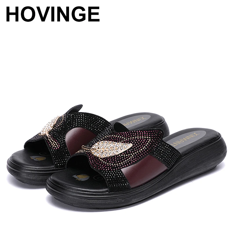 

4cm Synthetic Rhinestone Bling Genuine Leather Breathable Summer Chunky Slippers High Brand Platform Wedge Casual Shoes