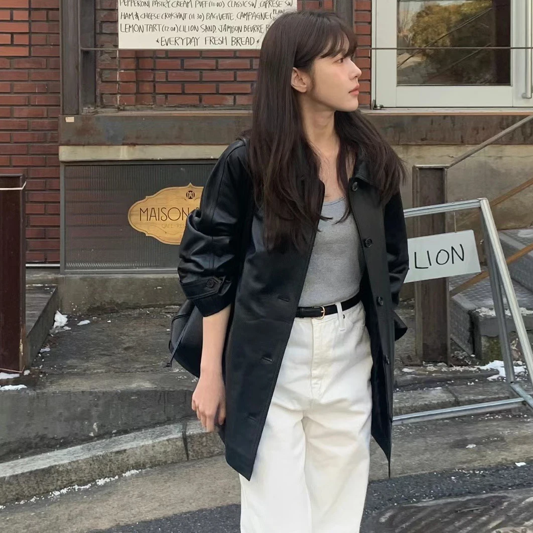 Allentato Bla PU Pelle Jaet Donna Primavera Autunno Faion Street Sle Design retrò Lungo Sve Cappotto da abito Capispalla casual