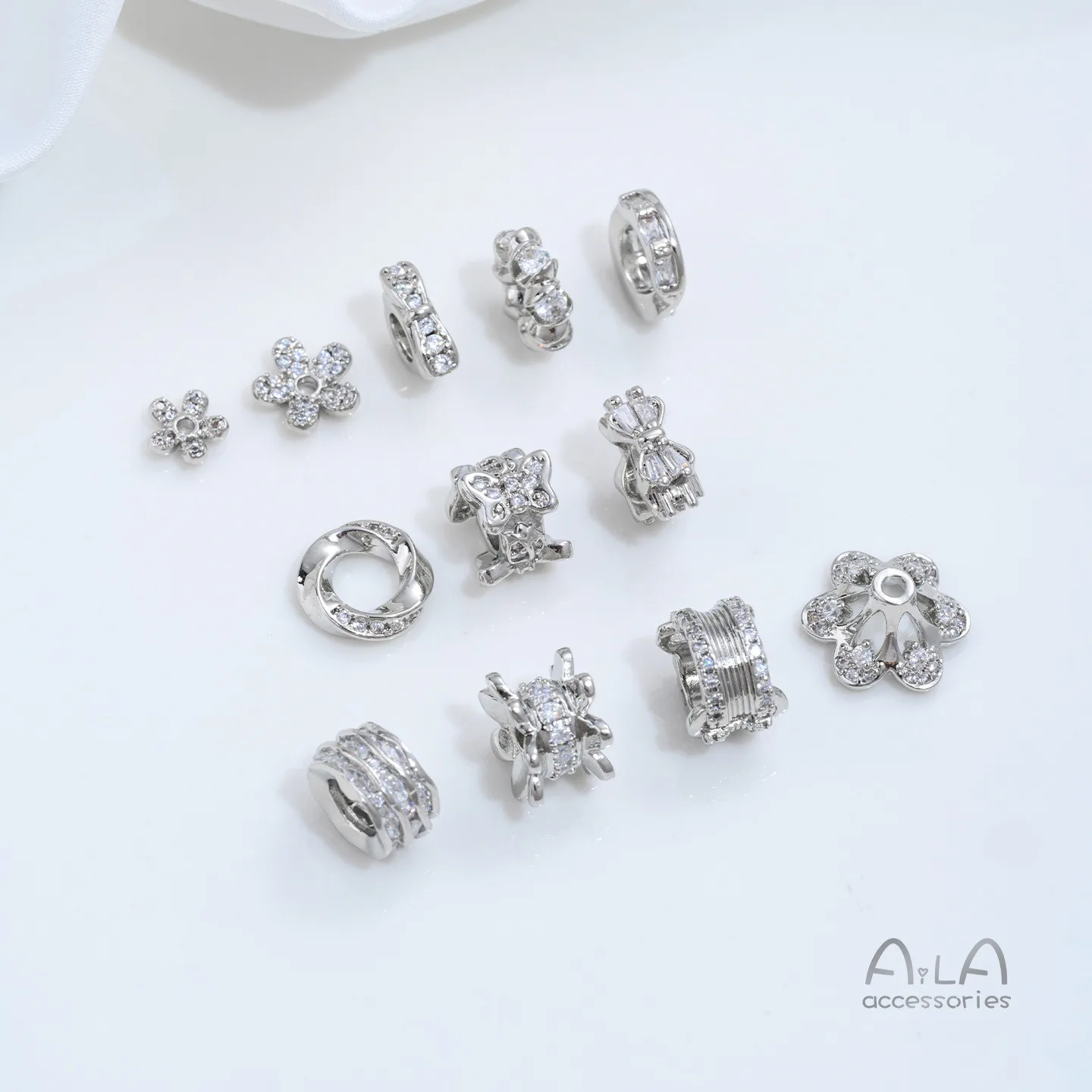 Brass Silver Plated Zircon Inlaid Six-Petal Flower Bow Mobius Ring Spacer Slices DIY Bracelet Necklace Jewelry Findings
