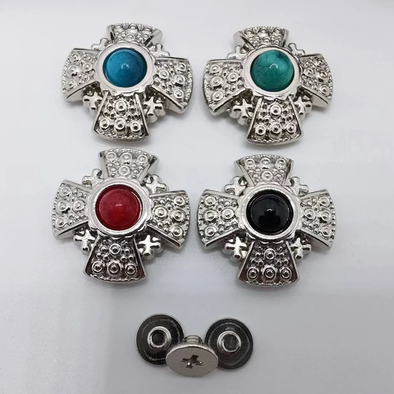 5pcs 20mm Bling Silver Western Round Button Four Colors Turquoise Cross Conchos For Leathercraft Belt Bag Hatband Wallet Decor