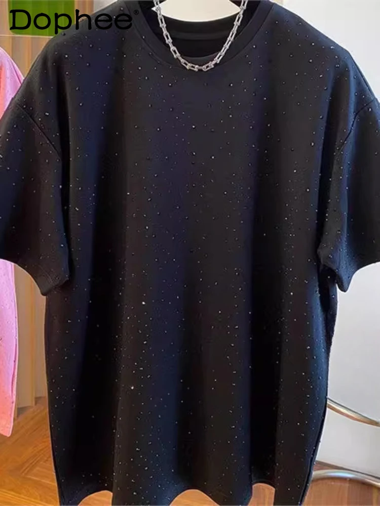 

Over Size Hot Diamond Short-sleeve Solid Color T-shirts Men Women 2025 Summer New Couple Design Tees Fashion Full Diamond Tops