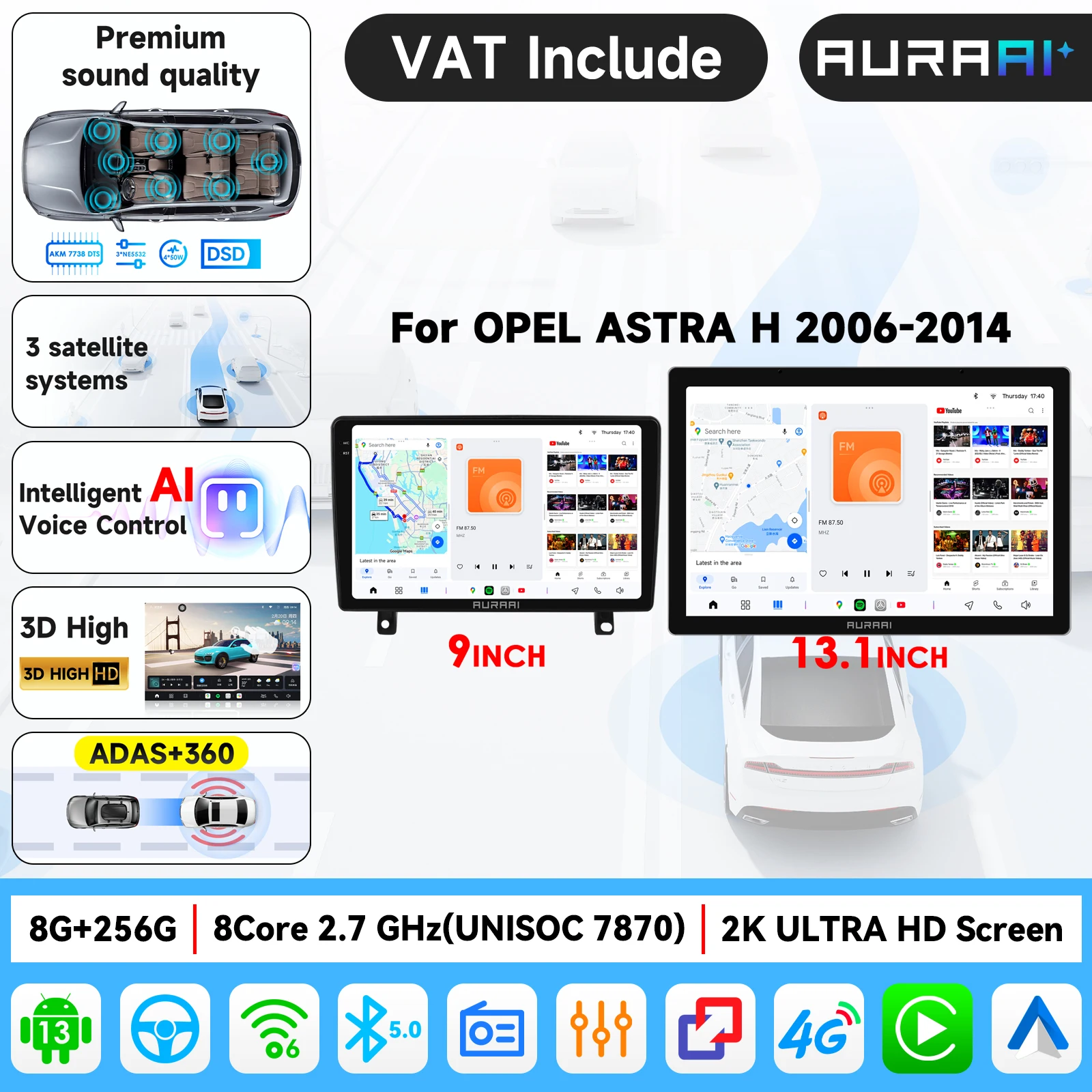 Écran intelligent de voiture AURAAI 2K, autoradio 4G Carplay Android Auto pour OPEL ASTRA H 2006-2014, lecteur multimédia stéréo GPS RDS DSP, écran 1920*1200 Ultra 3D, interface haute résolution, radio en ligne, amplificateur TDA7708,7851, AKM 7738 DTS, avec avertissement de sécurité de conduite style Tesla