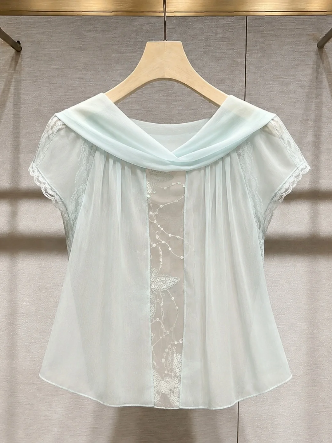 

Sweet Design Sense Mesh Splicing Short Sleeve Shirt Lightweight Elegant Women's Top for Summer Floral Cardi Korean Style Stra...