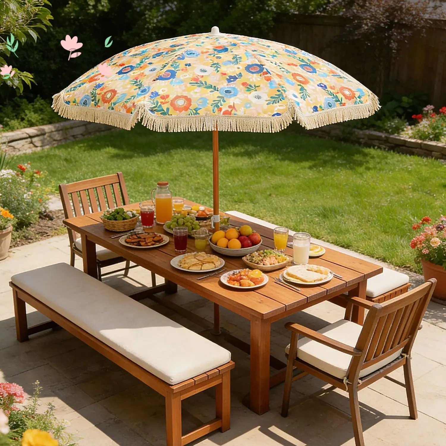 French Tassel Outdoor Parasol Central Pillar Sun Umbrella for Garden Balcony Beach Patio Outdoor Shading