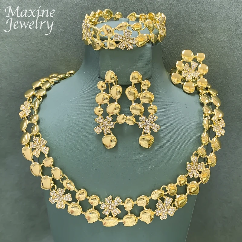 

Double Layer Exaggerated Big Size Dubai Gold Plated Jewelry Set Collar Necklace Earring Bracelet Ring Bridal Wedding Party Gift