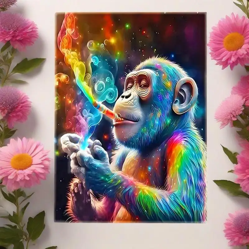 1pc Fantasy Chimpanzee Wall Art: Rainbow Fur Primate with Cosmic Smoke & Galaxy | Psychedelic Decor Frameless