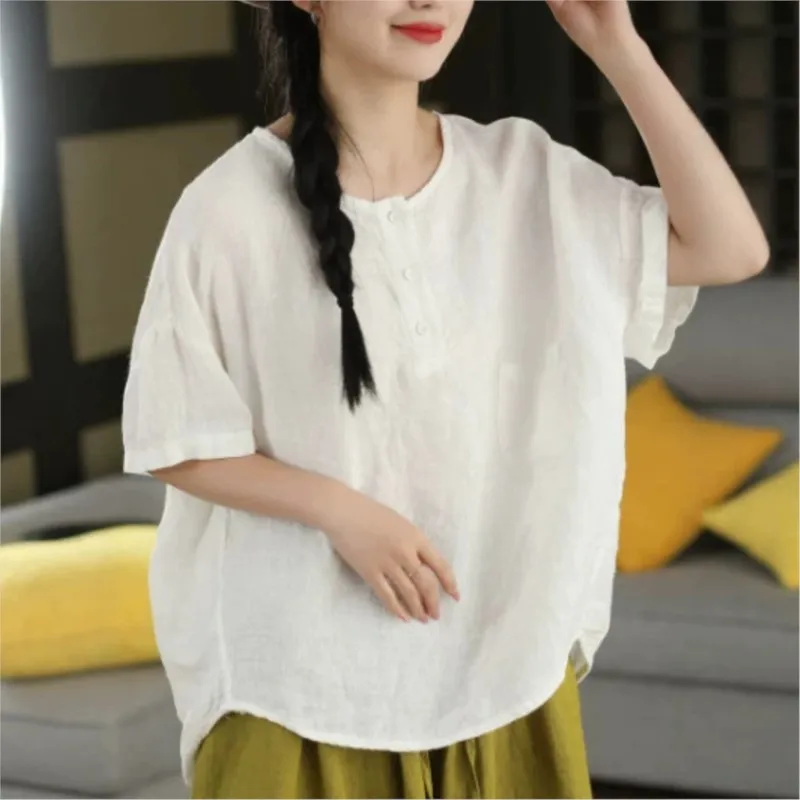 Johnature Women Vintage Linen T-Shirts 2026 Summer New Chinese Style Solid Color Tees O-Neck Short Sleeve Casual Loose Tees