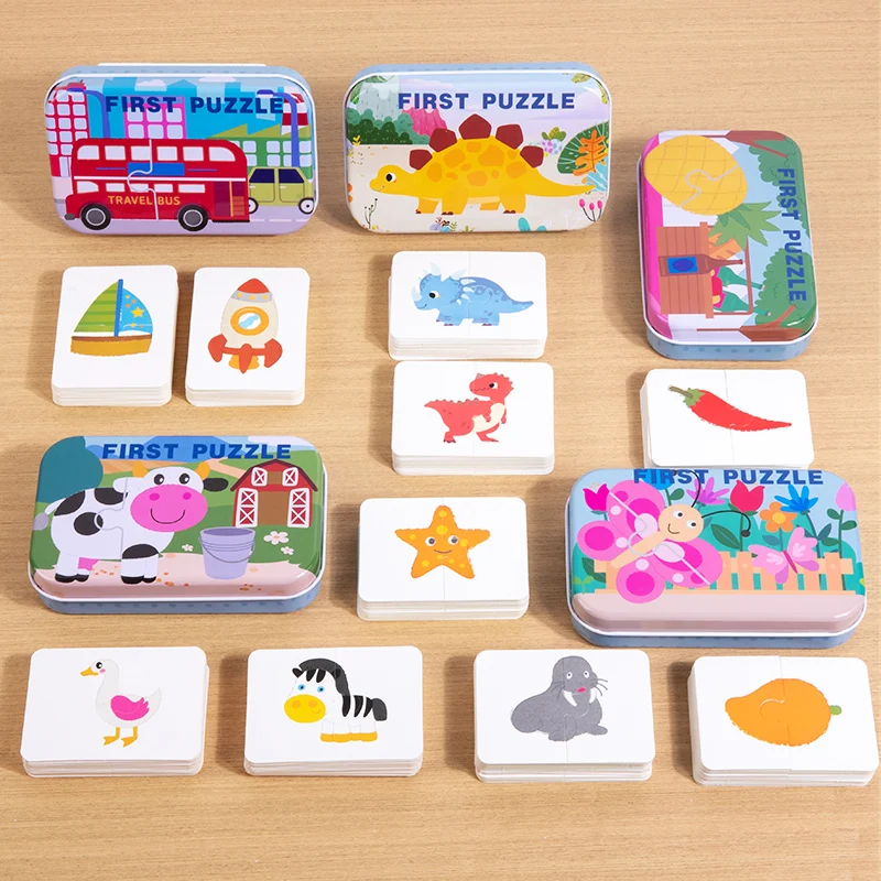 Children Cognition Puzzle Toys Toddler Kids Iron Box Cards Matching Game Cognitive Card Car Fruit Animal Puzzle Pair Puzzles