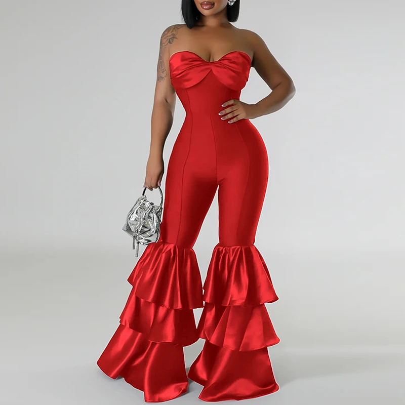 Lady Sexy Strapless Solid Color High Waist Jumpsuits Office Elegant Ruffle Slim Romper Fashion Sleeveless Flare Pants Playsuit