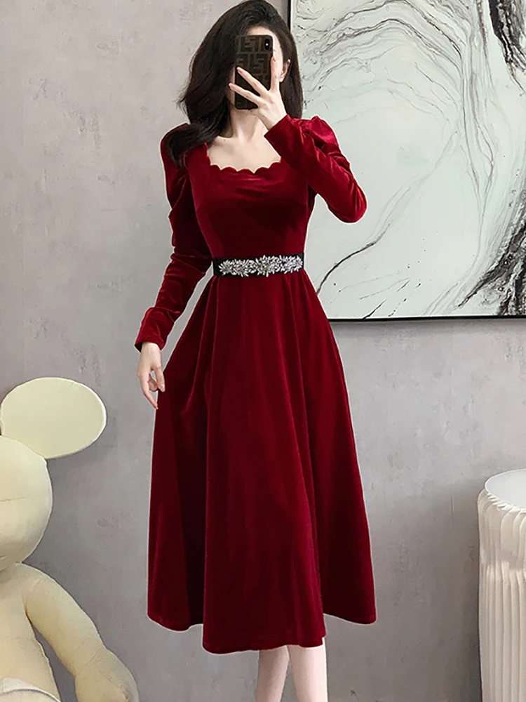 Female Velvet Chic Diamonds Bandage Long Dress Autumn Winter Elegant Luxury Evening Dress 2024 Korean Vintage Bodycon Prom Dress