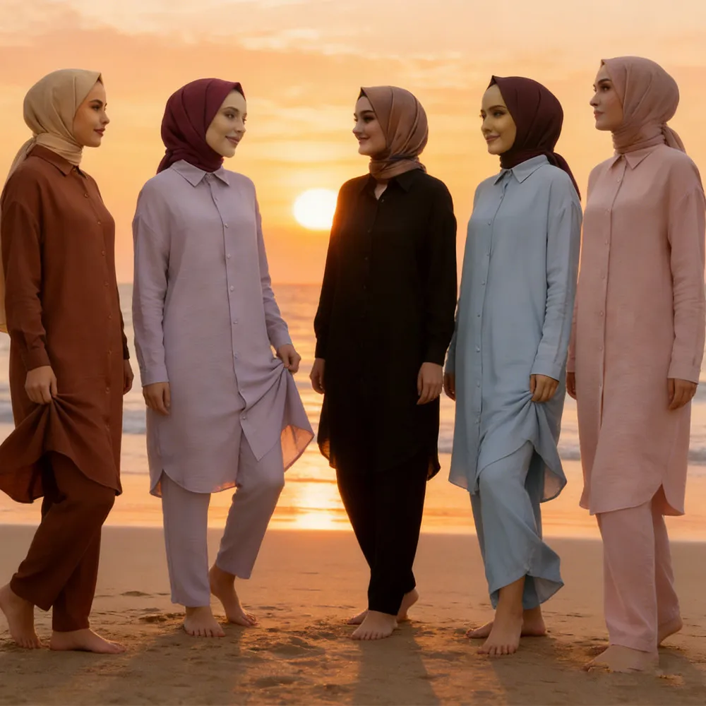 

2026 Мусульманские комплекты для женщин, Турция, Дубай, Абая, рубашка с длинными рукавами, повседневные брюки, костюм, абайи, исламские наряды, женские ансамбли