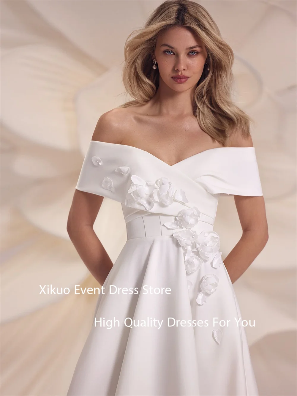 Xikuo Атласные вечерние платья с открытыми плечами 3D цветы длиной до пола, свадебное платье, летние плиссированные платья для выпускного вечера по индивидуальному заказу