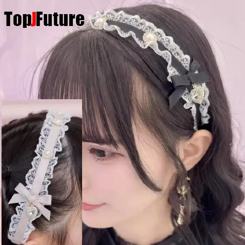 

Subculture Japanese Y2K Girl Women's Harajuku Steampunk Gothic Lolita Lace Ruffle Diamond bow headband hair bands Barrettes