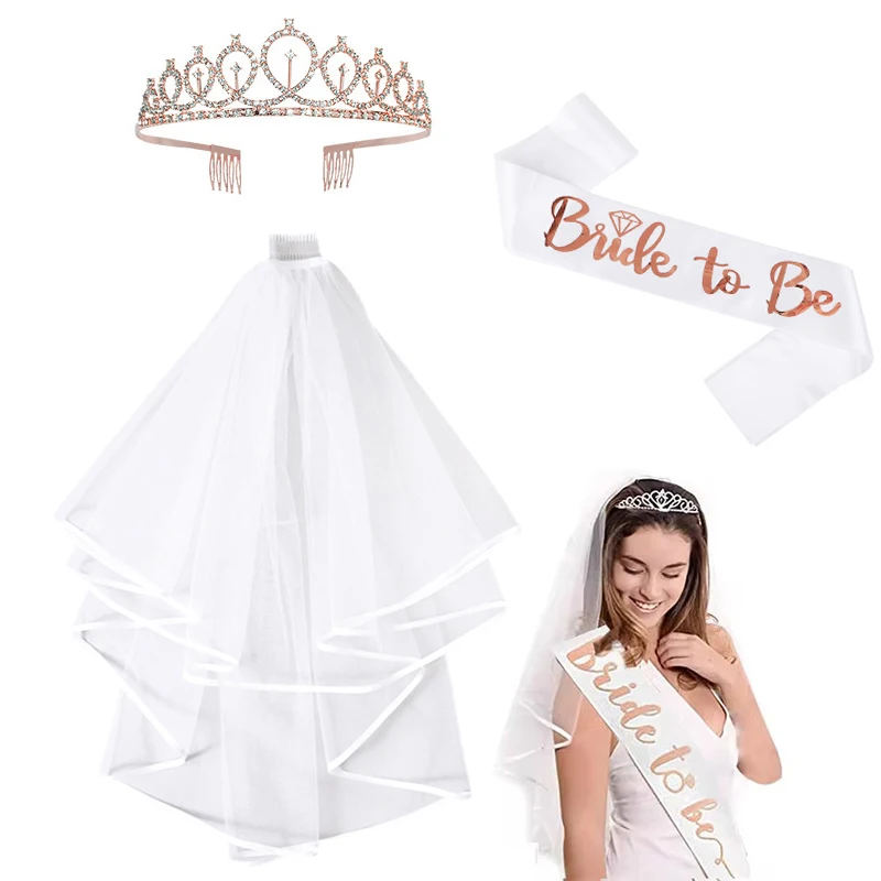 Bachelorette Party Bride to Be Schärpe Weißer Schleier mit Kamm Strass Tiara für Hochzeit Brautparty Dekoration Junggesellinnenabschied Geschenke