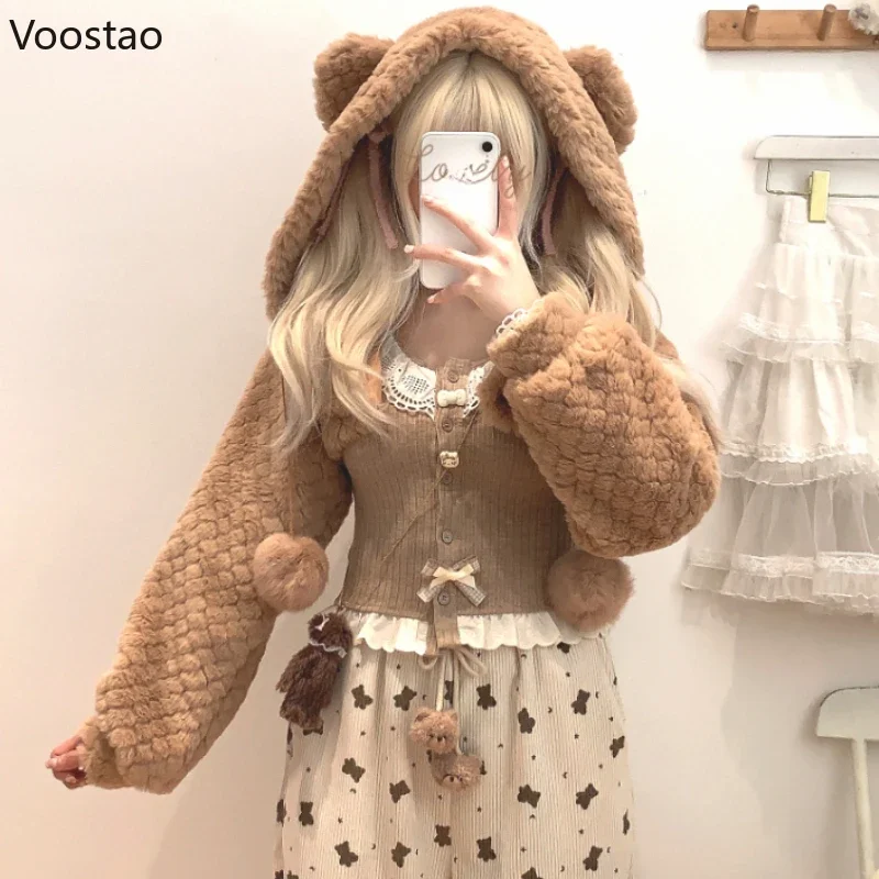 Kawaii Rabbit Ears Hooded Coats Women Casual Cute Bear Plush Warm Short Jackets Female Cute Korean Sweet Bunny Cardigan Outwear