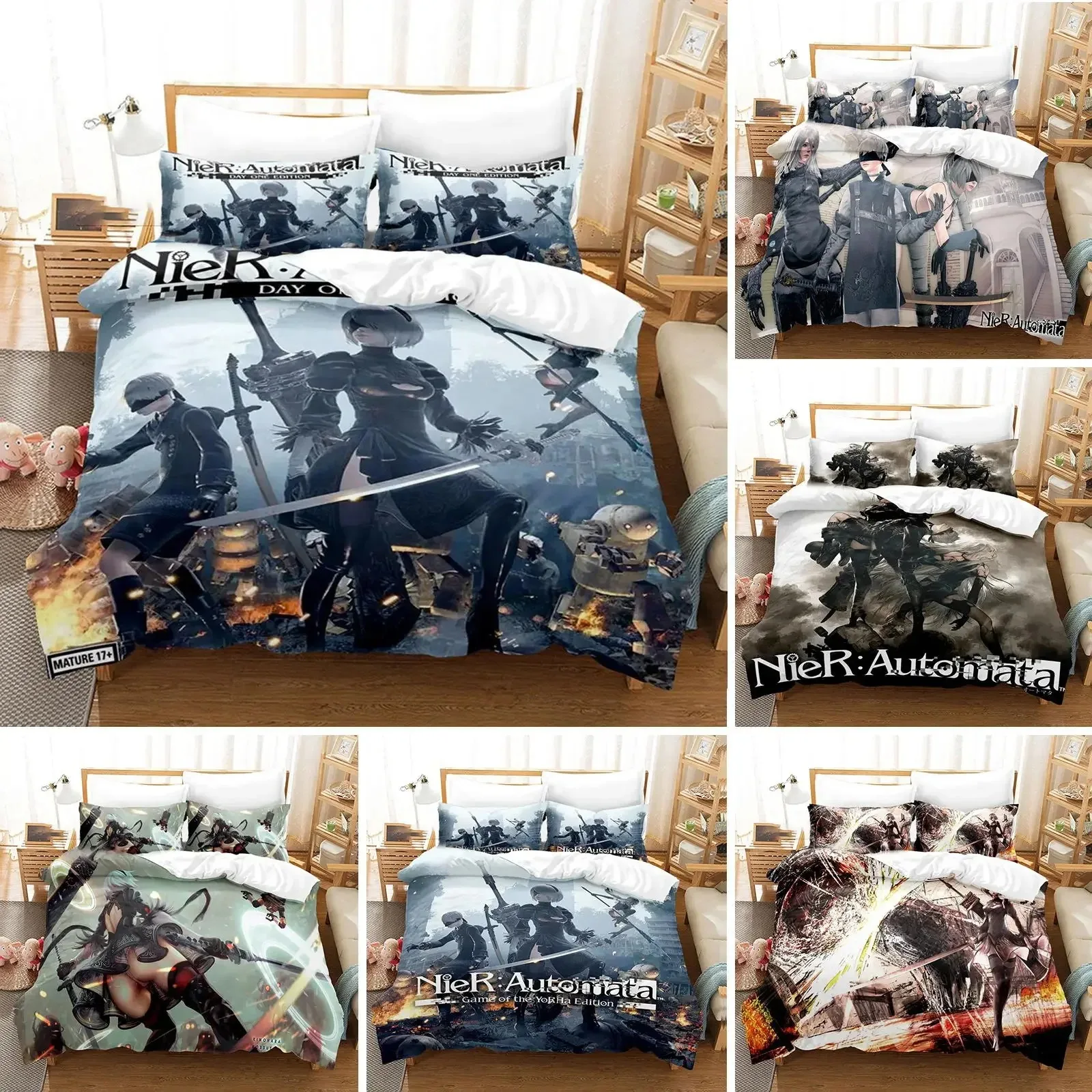 3D Printed NieR Automata Bedding Set Duvet Cover Bedroom Comforter Covers Single Twin King Size Quilt Cover Home Textile 3PCS