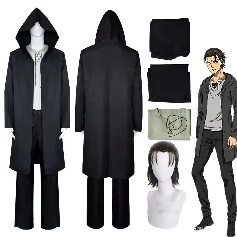 Disfraz de Eren Jaeger Temporada 4, disfraz de Anime Attack on Titan Eren, Cosplay negro con capucha, gabardina, camiseta, pantalones, ropa de Halloween
