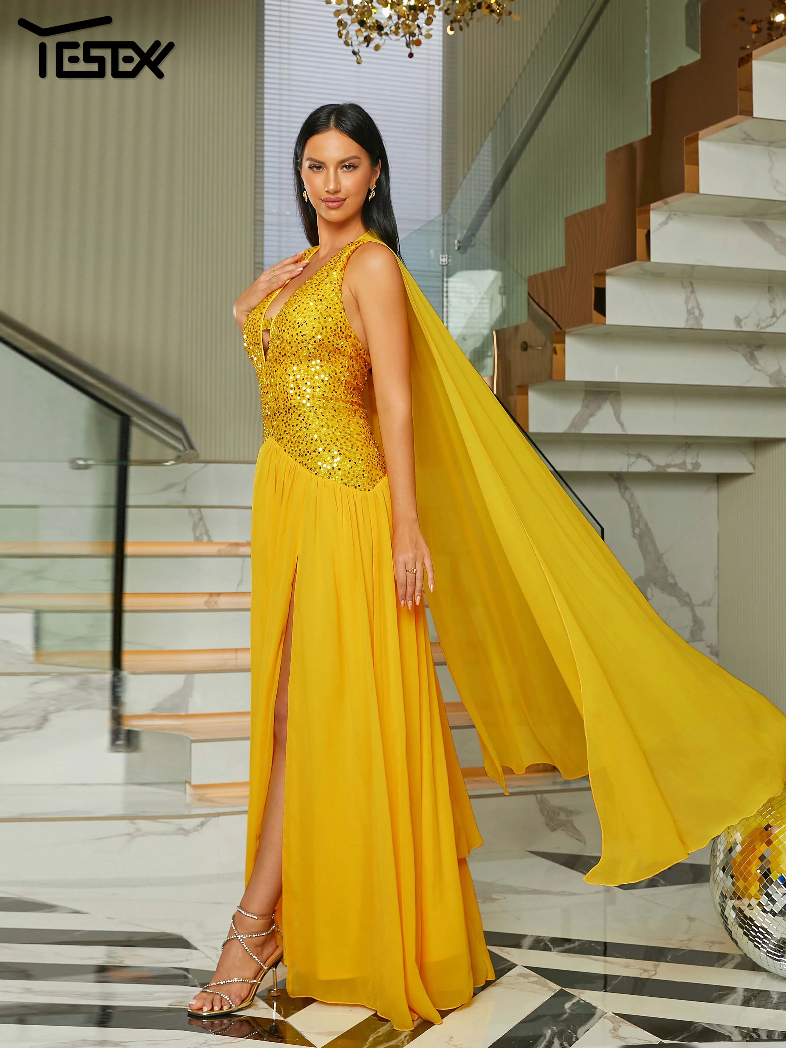 Yesexy-Robe de Soirée Élégante pour Femme, Panneau de Paillettes, Split Everak, Jaune, Robe de Bal, 2023