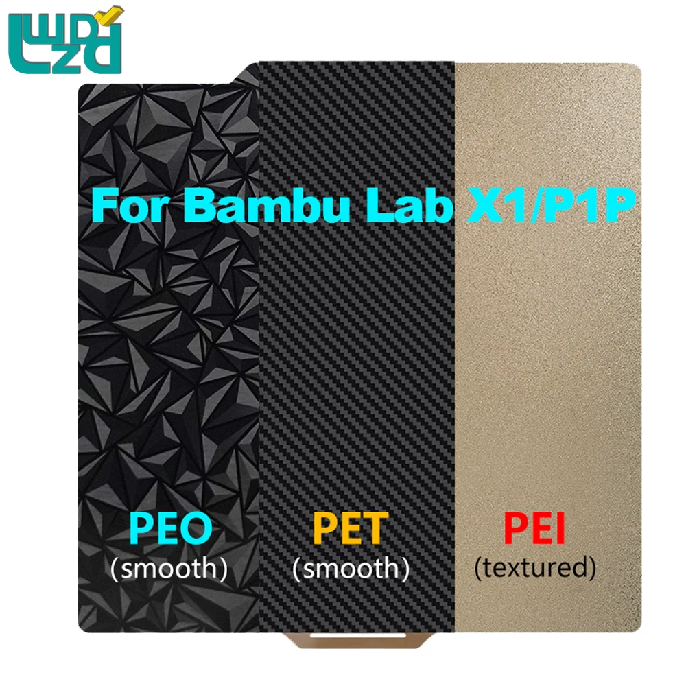 

Пружинный стальной лист для Bambu Lab x1 p1p, двухсторонняя сборная пластина, текстура PEI + Гладкая Подогреваемая кровать PEO 257x257 мм PET / PEI + PEI