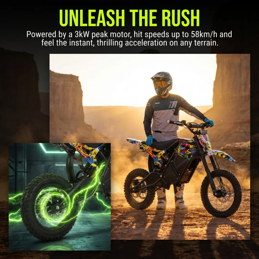 EDB001 Graffiti Electric Dirt Bike Powerful Brushless Motor Waterproof Removable Lithium Battery 3 Speed Modes Hydraulic Brakes Adjustable Nitrogen Shock Absorber All Terrain Off Road Motorcycle For Adults Teens