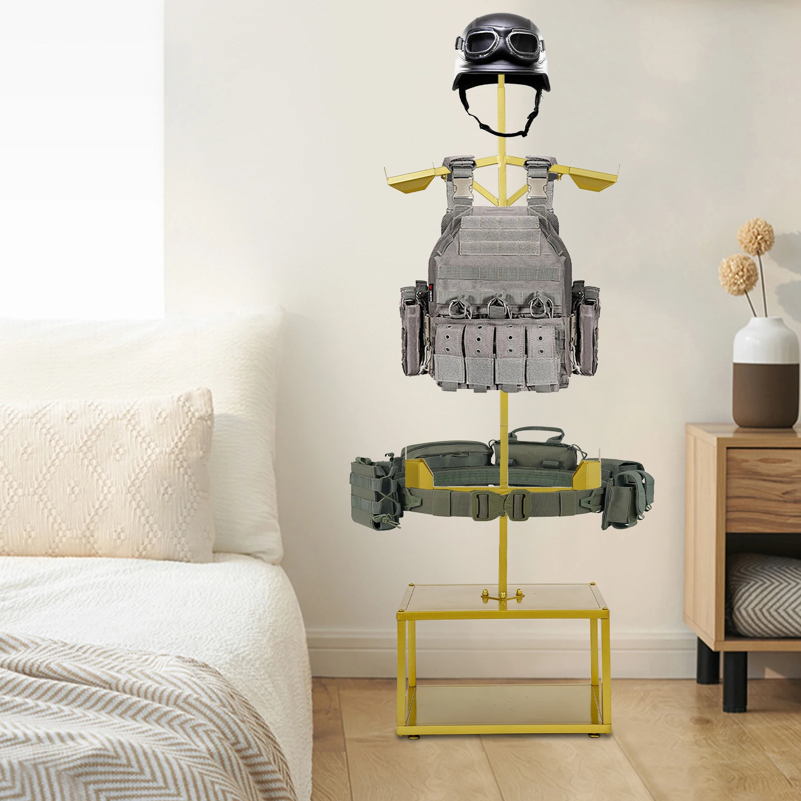 حامل تروس تكتيكي متين من الفولاذ قابل للتعديل، رف متعدد للخوذات/السترات/الأحذية، الاستخدام العسكري والشرطي، سهل التجميع