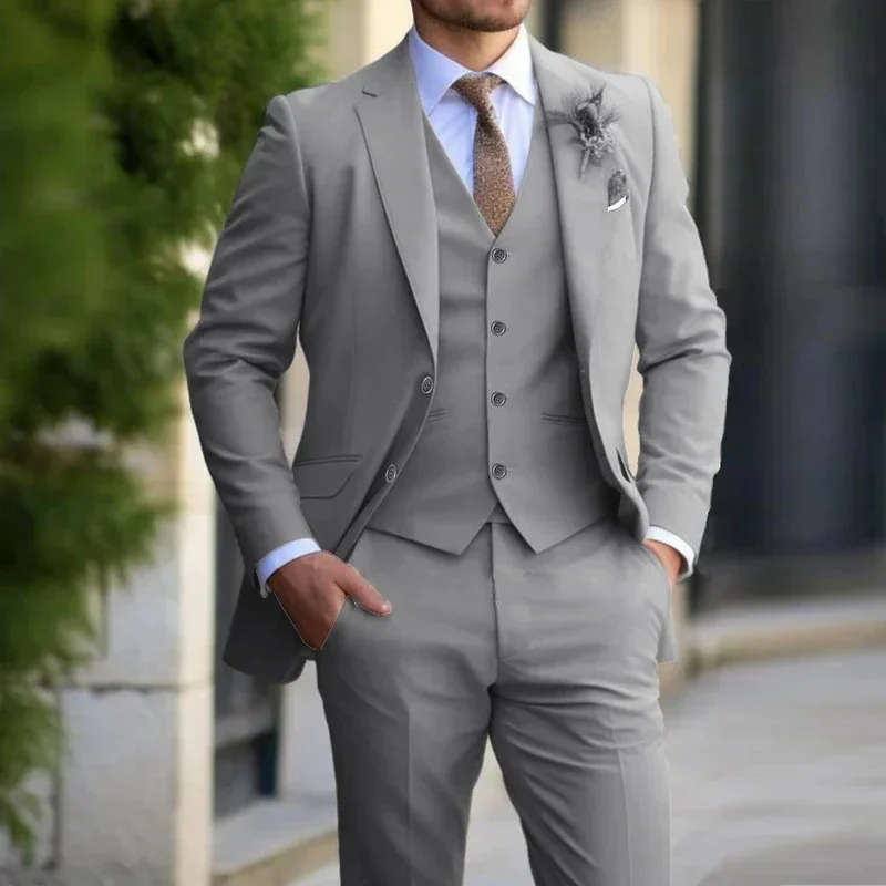 Elegant Black Grey Suits For Men Slim Fashion Design Groom Wedding Blazer Vest Pants Boyfriend Wear Party Prom Suits Custom Made