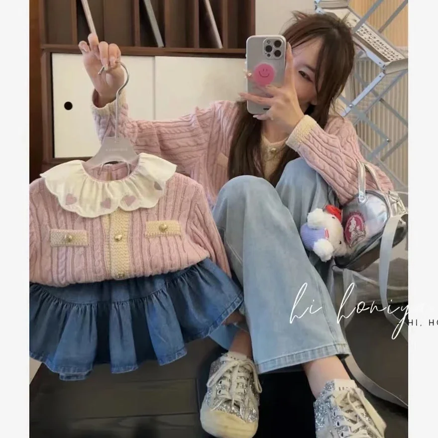 Mother and Daughter Purple Cardigan Sweater Autumn Winter Women's Knitwear 2024 Mom and Me Knitted Pullover Baby Girls Knit Coat
