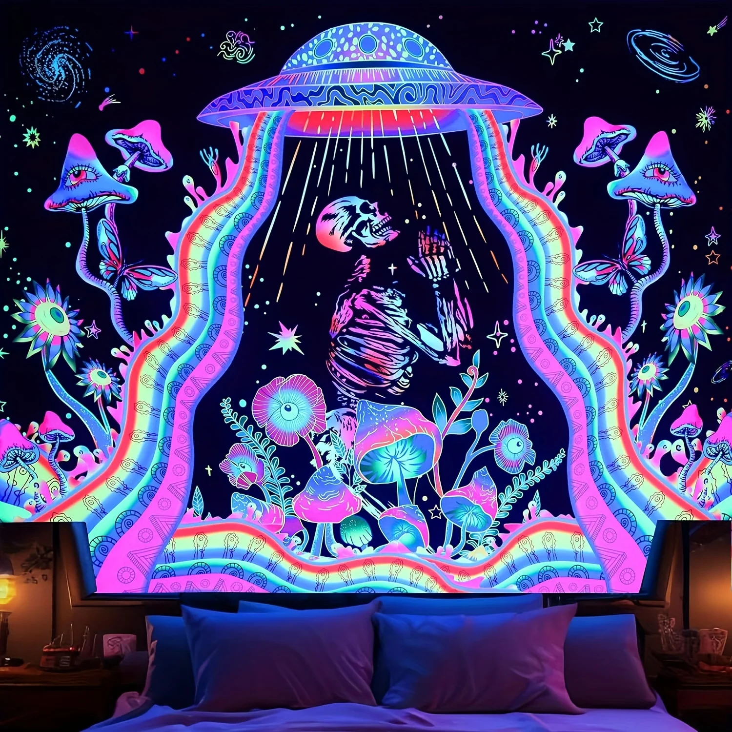 VIKAMA Psychedelic Cosmic Prayer Tapestry Bohemian Bedroom Mystery Decoration UFO Skeleton Star Room Decoration