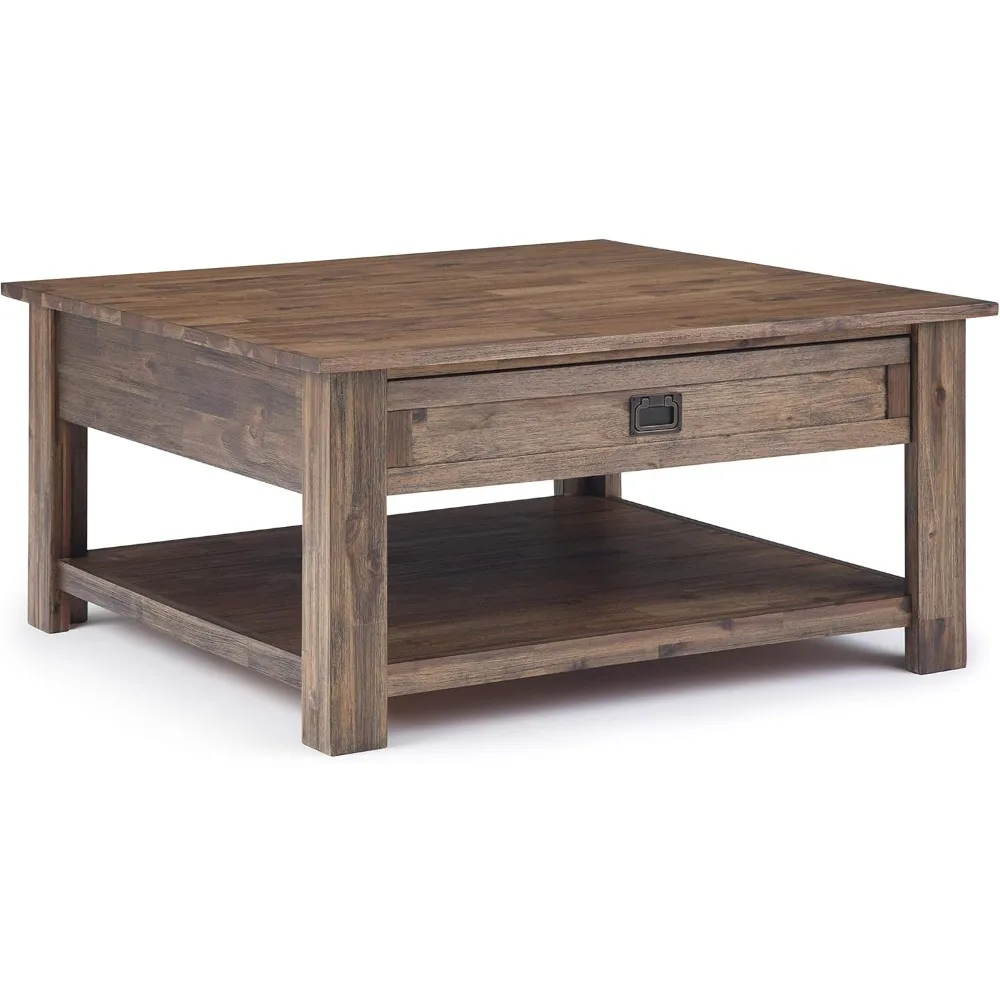 

Monroe SOLID ACACIA WOOD 38 inch Wide Square Rustic Coffee Table in Rustic Natural Aged Brown, for the Living Room an