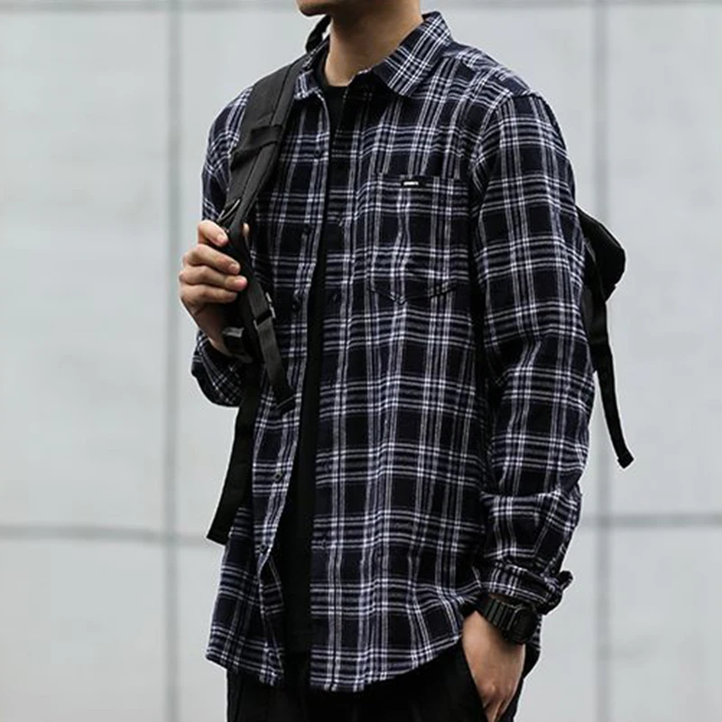 Chemise à carreaux Vintage pour hommes, chemisier ample à simple boutonnage, décontracté, Streetwear américain Y2K, manches longues, hauts à revers, nouvelle collection printemps