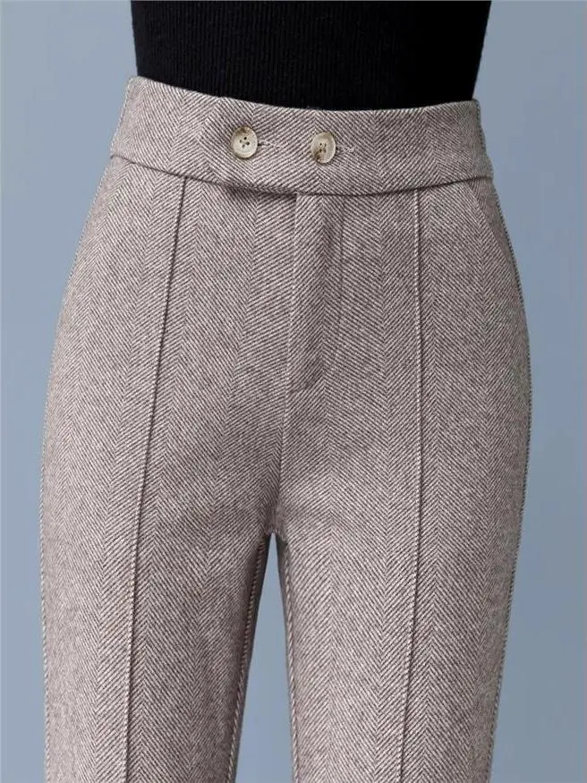 High Waist Thickened Woolen Micro Flared Pants Women's Autumn Winter Straight Leg Pants Slimming Effect Khaki Color Ladies Tr...