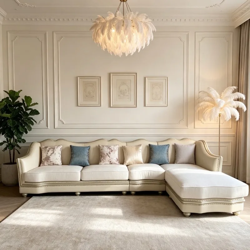 Light Luxury Corner Sofa 7-shaped L-shaped Concubine Sofa Leather Cloth Combined with Champagne Jinmike Furniture Wholesale
