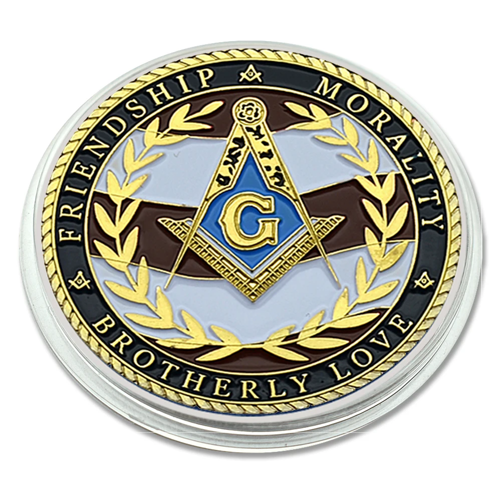 

Masonic Freemasonry Brotherhood Gold Plated Challenge Coin Metal Commemorative Medal in Capsule US Military Veteran Memory Gift