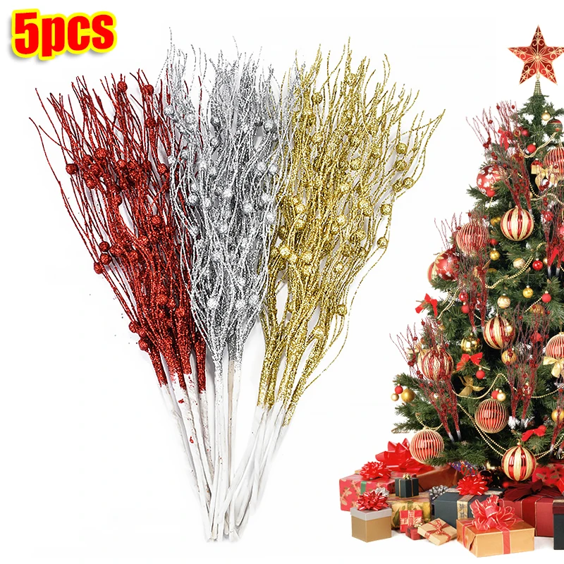 

1/3/5Pcs Christmas Artificial Glitter Berry Stem Branches Xmas Tree Ornament New Year Home Decoration DIY Vase Filler 2025 Party