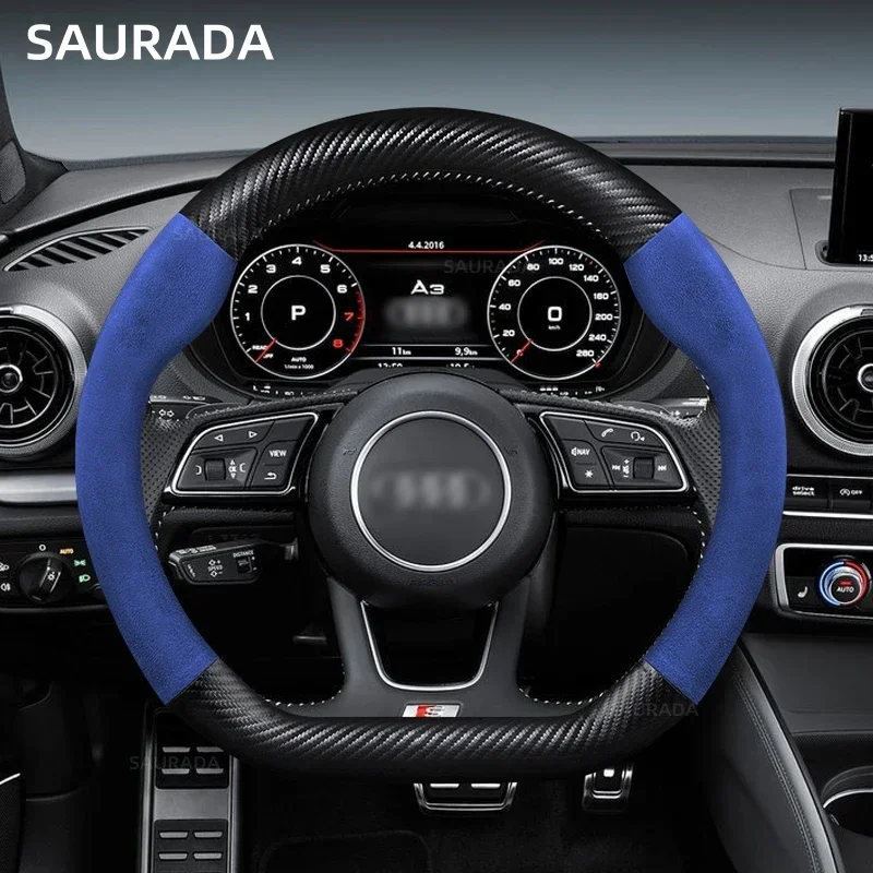 For Audi Steering Wheel Cover Genuine Leather Carbon Fiber No Smell Thin Fit A1 A2 A3 A4 A5 A6 A7 A8 Q2 Q3 Q5 Q7 Q8 SQ RS R TT