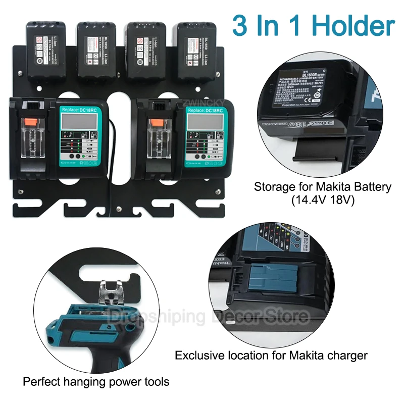 3 In 1 Wall Mount Storage Holder For Makita Battery Tool and Charger, Battery Bracket Tool Holder Charger Holder for Makita 18V