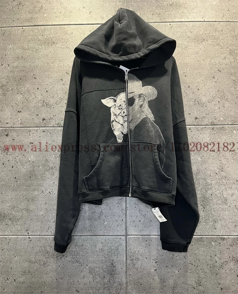 2024fw Washed Black Piggy Character Illustration ERD Hoodie Men Women 1:1 High Quality Zipper Pullover Hooded