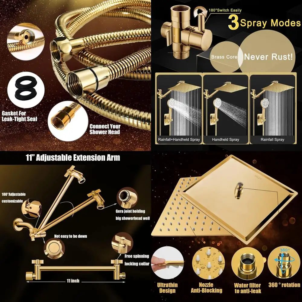 

10-режимная душевая лейка высокого давления с 6 режимами струи, 78-дюймовым шлангом без протечек, 11-дюймовым выдвижным кронштейном, золотистая