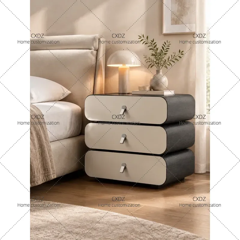 Modern Simple Solid Wood Rotating Bedside Table with 3 Drawers Rounded Corner Design Bedroom Nightstand Storage Cabinet