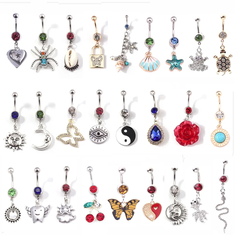 Aihua Fashion Animal Heart Shell Moon Eye Crystal Bell Button Rings for Women Piercing Navel Button Rings Sexy Body Jewelry