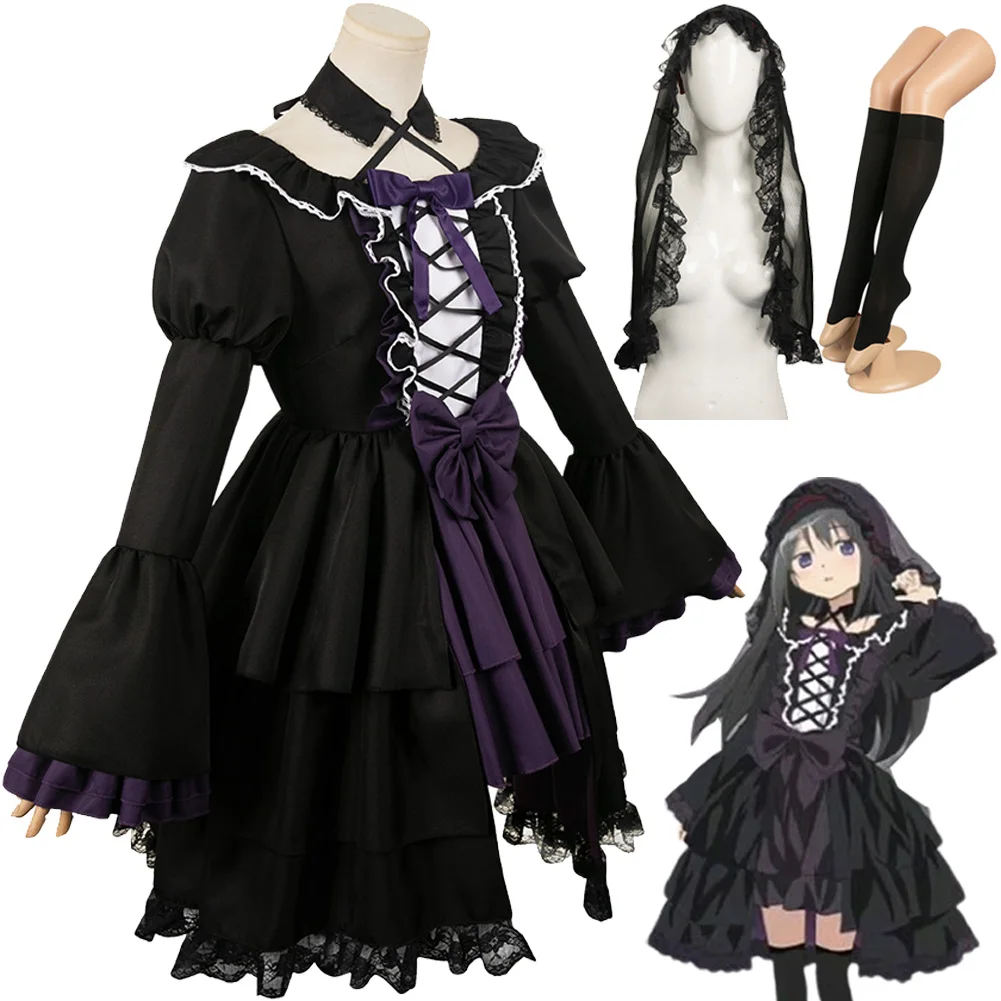 

Akemi Homura Cosplay Women Lolita Dress Costume Anime Puella Magi Cosplay Madoka Magica Outfits Veil Headband Halloween Suit