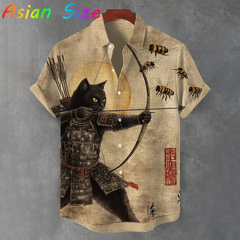 

2026 Vintage Japanese Cat Archery Shirts Daily Men Women Street Polyester Retro Shirt Short Sleeve Loose Button Up Blouses Tops