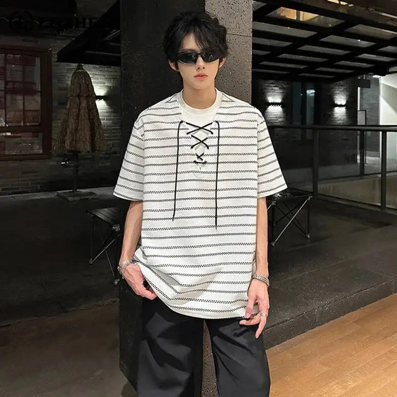 LUZHEN 2026 Summer Original Fake Two Piece Design Weave Strap Short Sleeve T-shirts Men's Trendy Handsome Casual Pullover JY7280