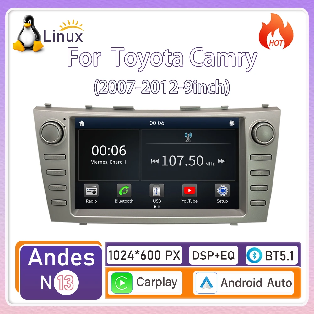 

Для Toyota Camry (2007-2012, 9 дюймов) беспроводное устройство CarPlay на базе Linux, новая модель, навигация, видео, Bluetooth