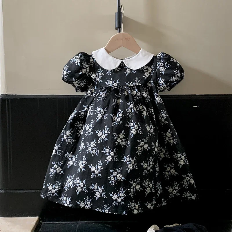 Herfst babykleding zus look zwarte bloemen borduurwerk babymeisje bloemblaadje kraag romper elegante prinses verjaardagsfeestje jurk