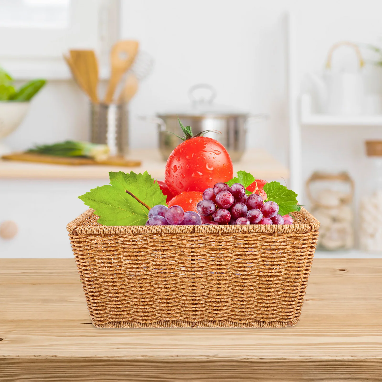 

1pcs Fruit Display Basket Tall Narrow Faux Rattan Storage Basket For Kitchen Shelf Magazine Rack Floor Standing Snack Organizer