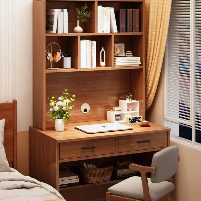 Bibliothèque de bureau en bois massif, table intégrée, petit bureau domestique