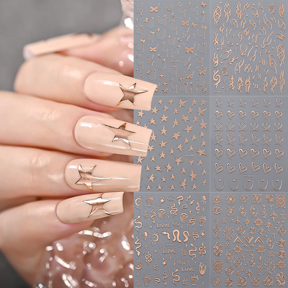 12pcs 3D Rose Gold Gothic Nail Stickers Nail Art Lines/Bows/Hearts Nail Decals Retro Punk Style Thorns Flame Lines Nail Designs*